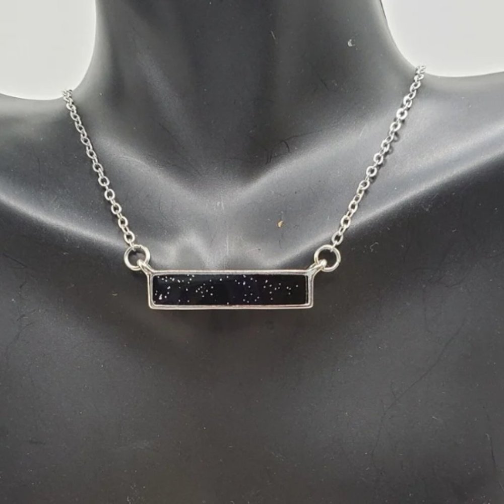 Fashion Minimalist Silvertone Necklace Black Bar Pendant